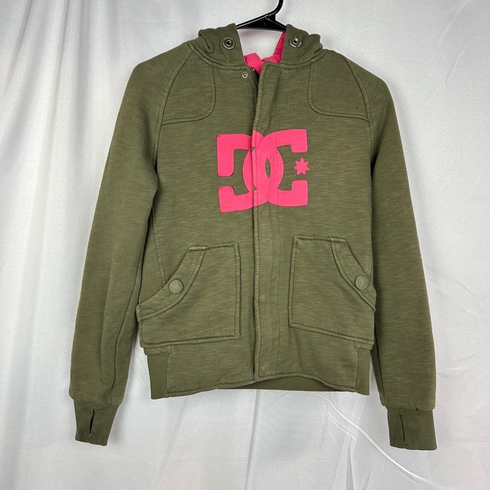 Vintage DC Shoes Full Zip Hoodie Womens Small Olive Pink Skater Streetwear Y2K